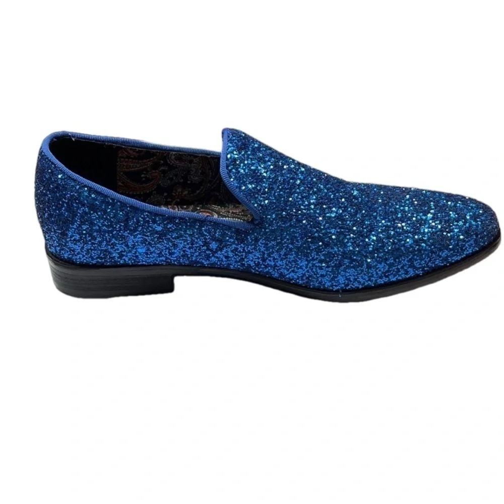 Enzo Romeo Men's Blue Glitter Slip On Tuxedo Dress Loafers Shoes